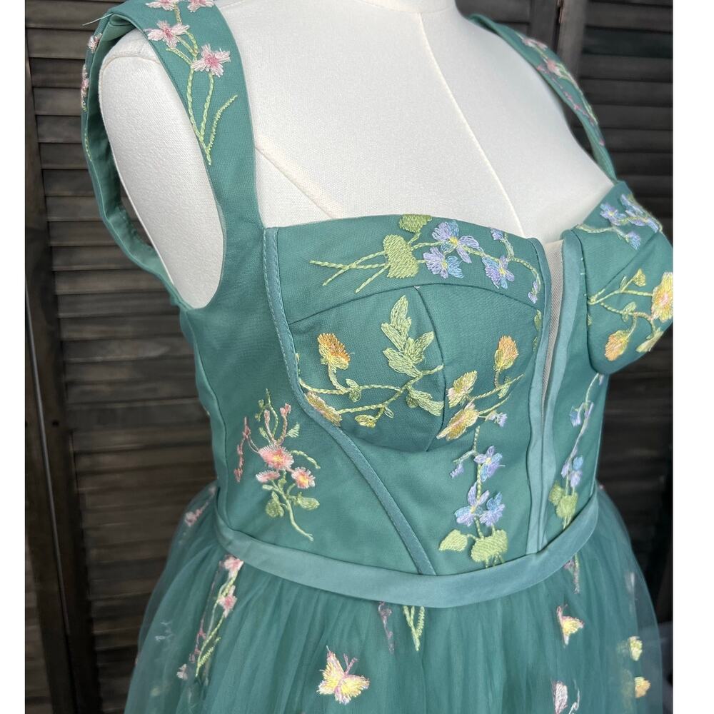 Teal Green Embroidered Floral Tulle Corset Midi Dress 10 Fairycore Formal - Picture 6 of 13
